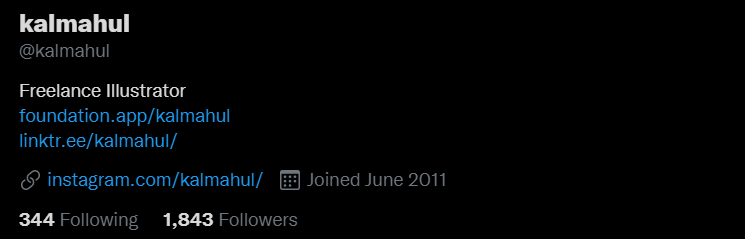 kalmahul's Twitter account with 1,843 Followers (January 2nd 2022).