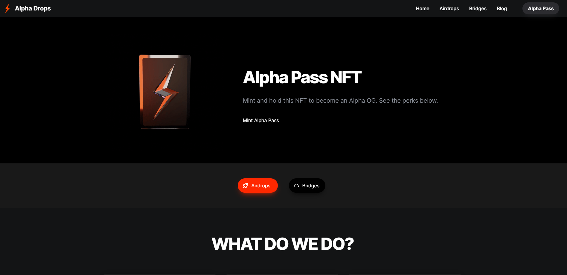 A screenshot of Alpha Drops' home page: https://alphadrops.net
