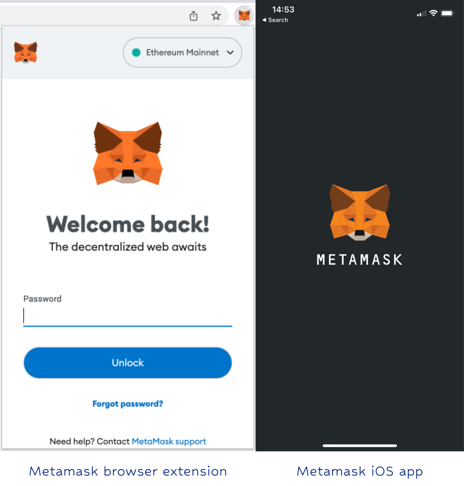 A wallet is a piece of software. Here you see the Metamask browser extension (left, for Google Chrome) and Metamask iOS app (right). Upon entering, you will need to key in a password or use biometric authentication.
