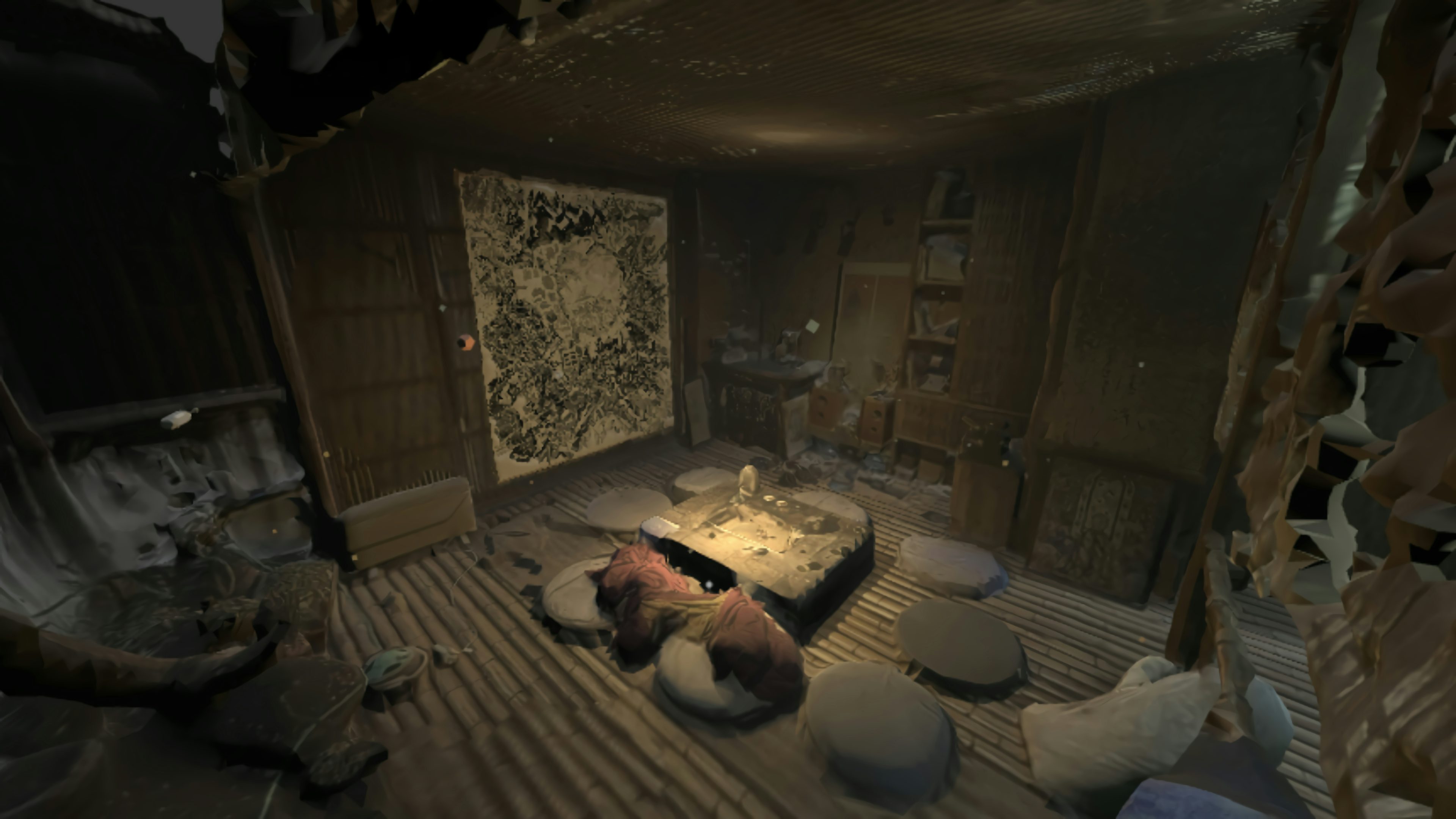 Image 2, Cultivator’s tearoom with the painting and audio object, The painting on the wall is linked to NFT in the Easter eggs collection (https://opensea.io/assets/matic/0x2953399124f0cbb46d2cbacd8a89cf0599974963/106384092733743282742190300972340540075131705928293053591744315070325605793892), player’s view, a screenshot of the game scene, 2022