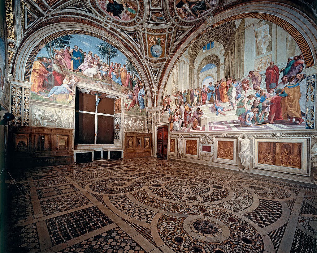 "Hey Raffaello, we have some empty walls, can you make the room look cooler and bigger?" Raffaello Sanzio, Stanza della segnatura. Fresco, 1509-1511, Musei Vaticani. Source: Wikipedia.
