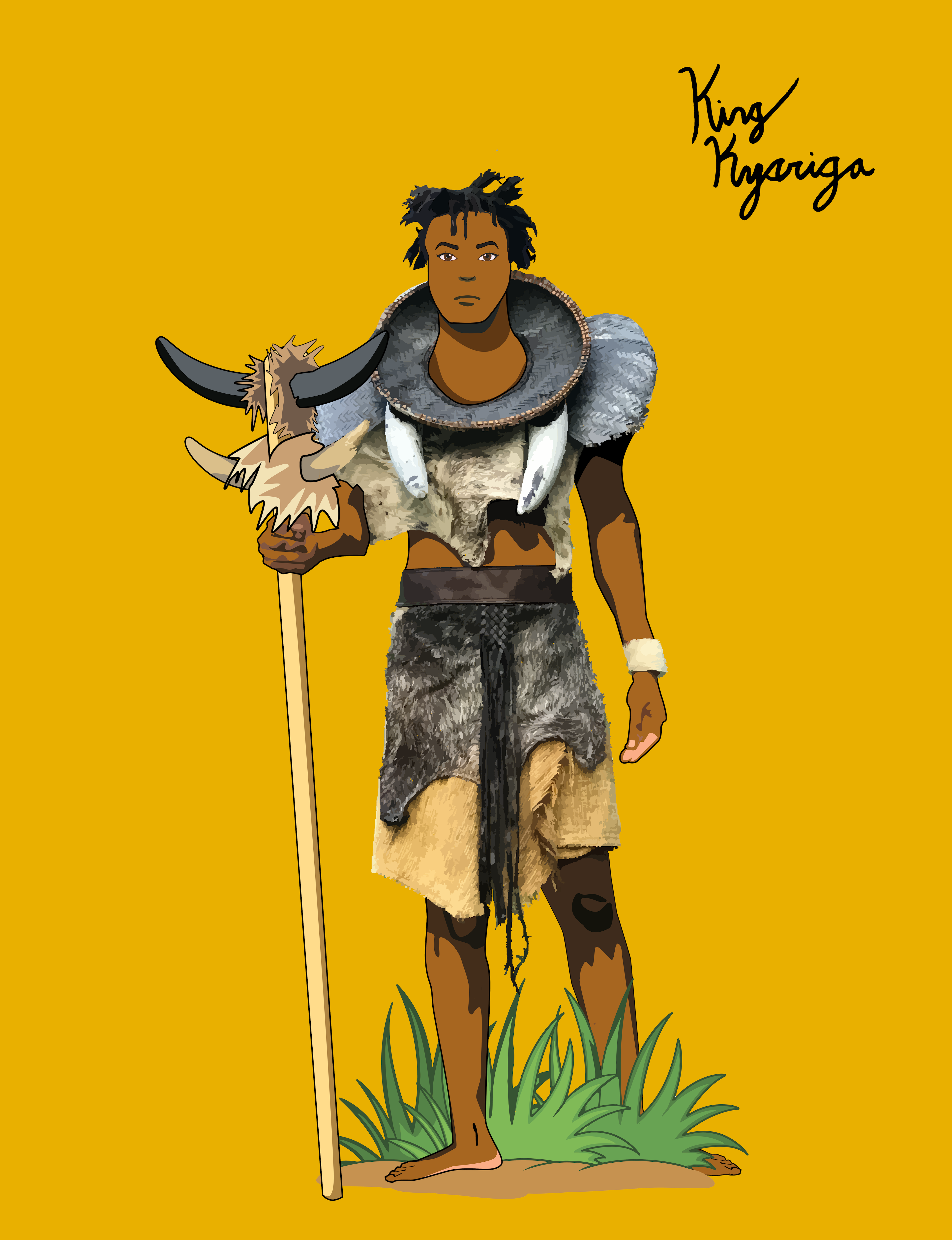 King Kyariga, a savage, barbaric con artist and puller of luxurious craftsman rugs. loves to pump Ponzi schemes. ironically exposes scams by promoting them, fostering Black financial literacy.