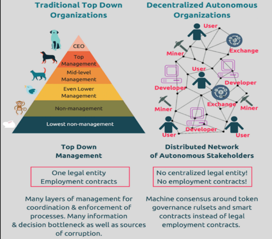 Figure 1:：The difference between DAO and traditional companies, Source: BlockchainHub
