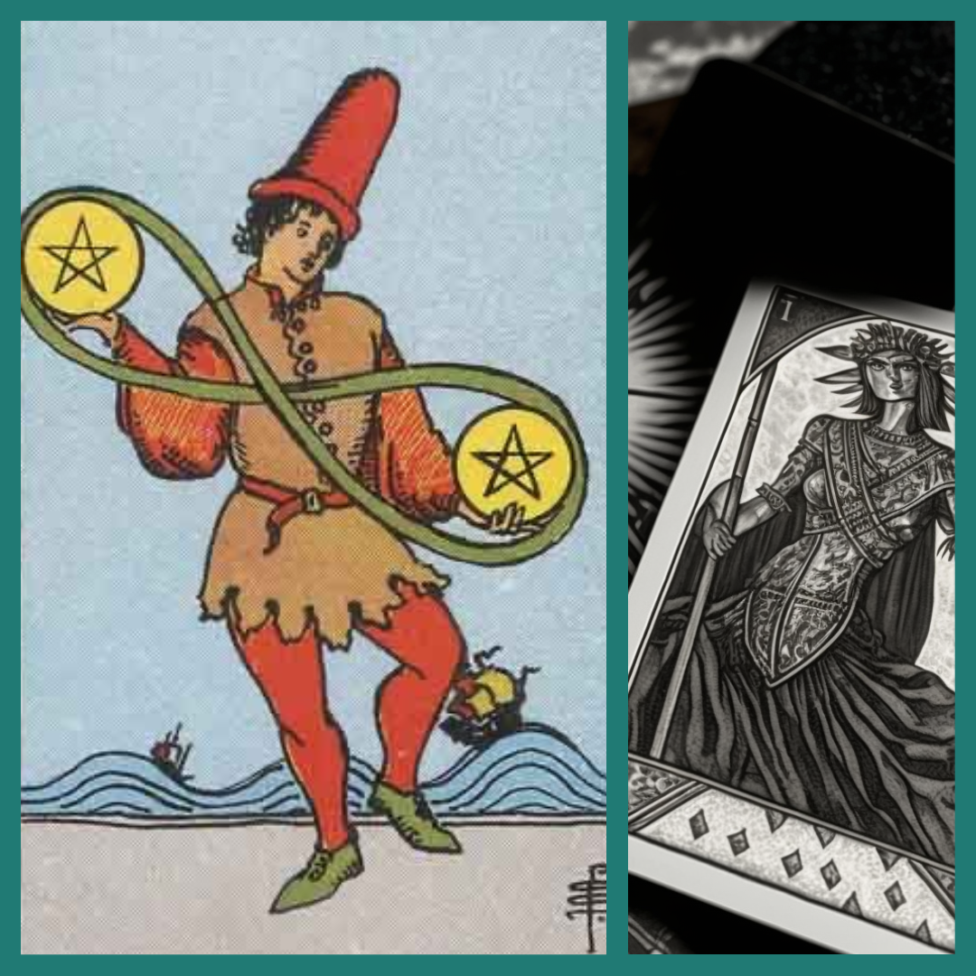 The "Two of Pentacles" Tarot card.