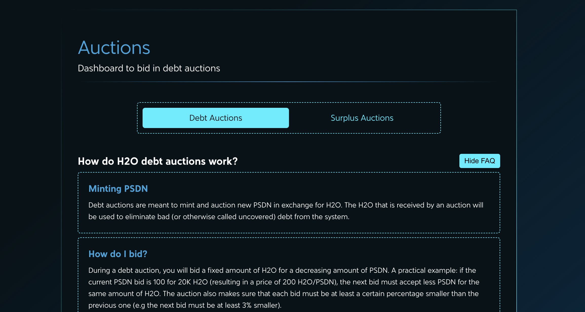 Collateral auction page for under-collateralized $H2O SAFEs https://app.h2odata.xyz/#/auctions