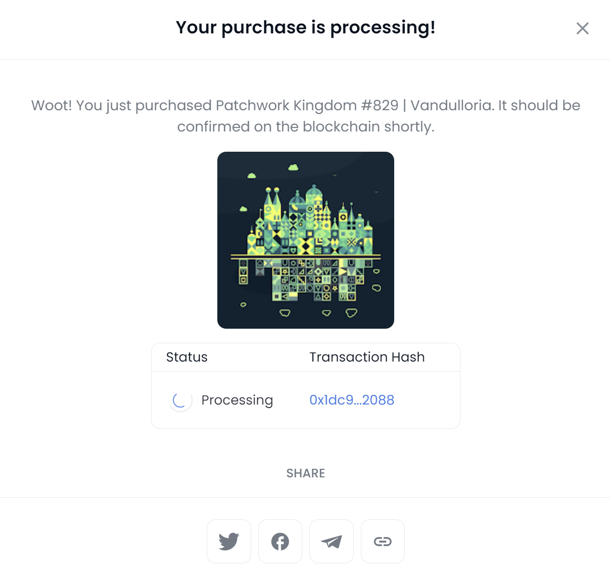 Sample Buy Now transaction processing screen from OpenSea.io 
