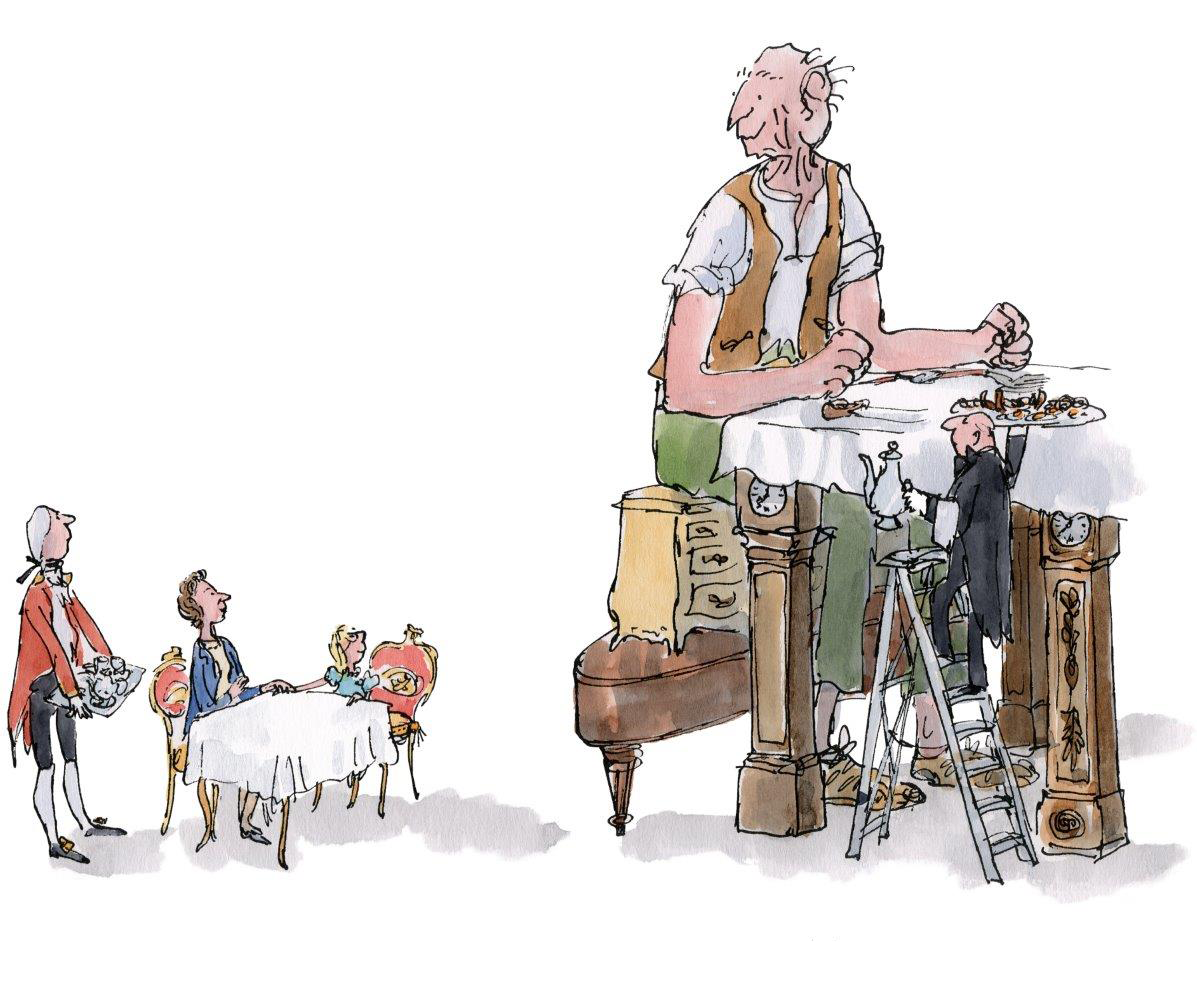 To the Big Friendly Giant, a dresser on a grand piano is a chair, and grandfather clocks are the legs of a table.  - Illustration by Enid Blyton, from Roald Dahl's children book "The Big Friendly Giant"