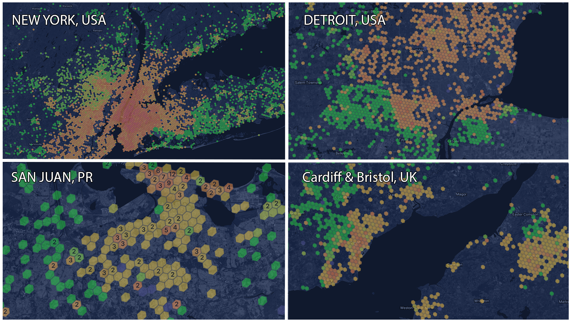 Helium Maps for New York, Detroit, San Juan, Cardiff and Bristol, scaled by hotspot density.