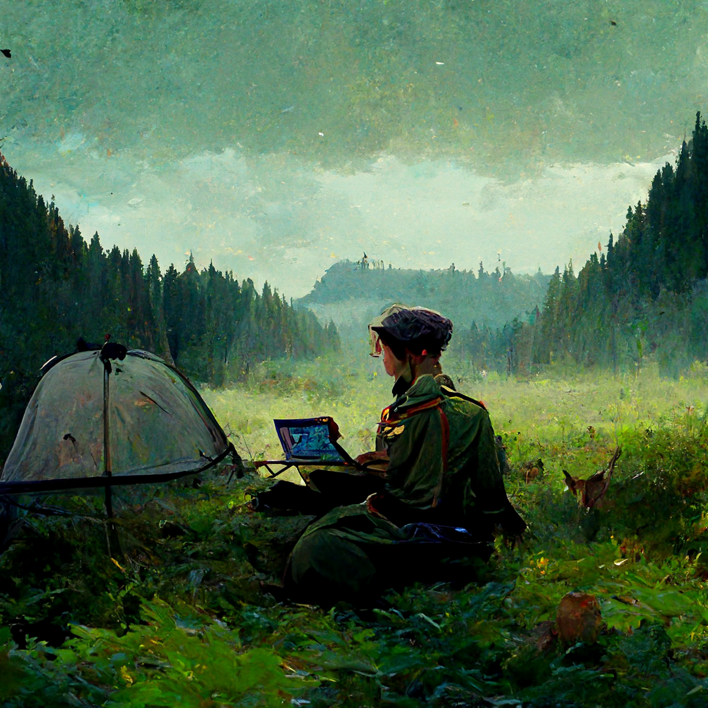Scout minting NFTs in the middle of the forest; created by MidJounrey AI
