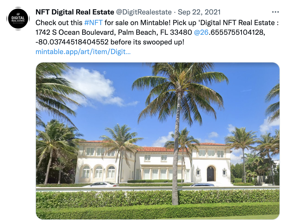 Tweet from NFT Digital Real Estate highlighting a plot available for buyers.