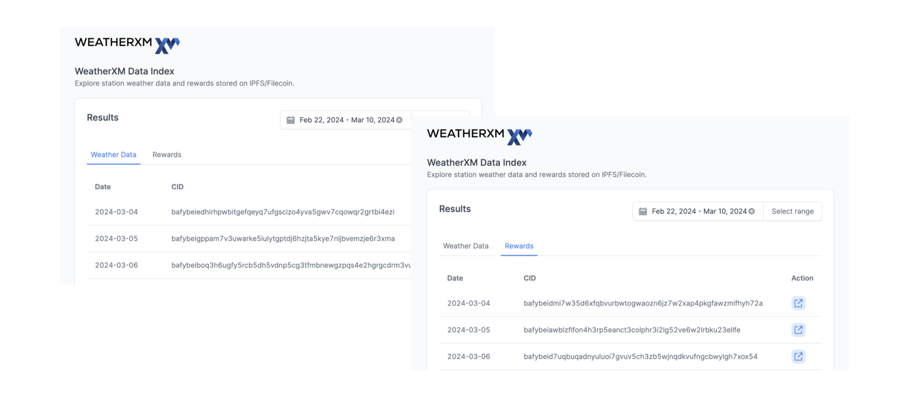 WeatherXM's dashboard displays the CIDs created when data is pushed to Textile Basin and provides a link to the Basin HTTP API.