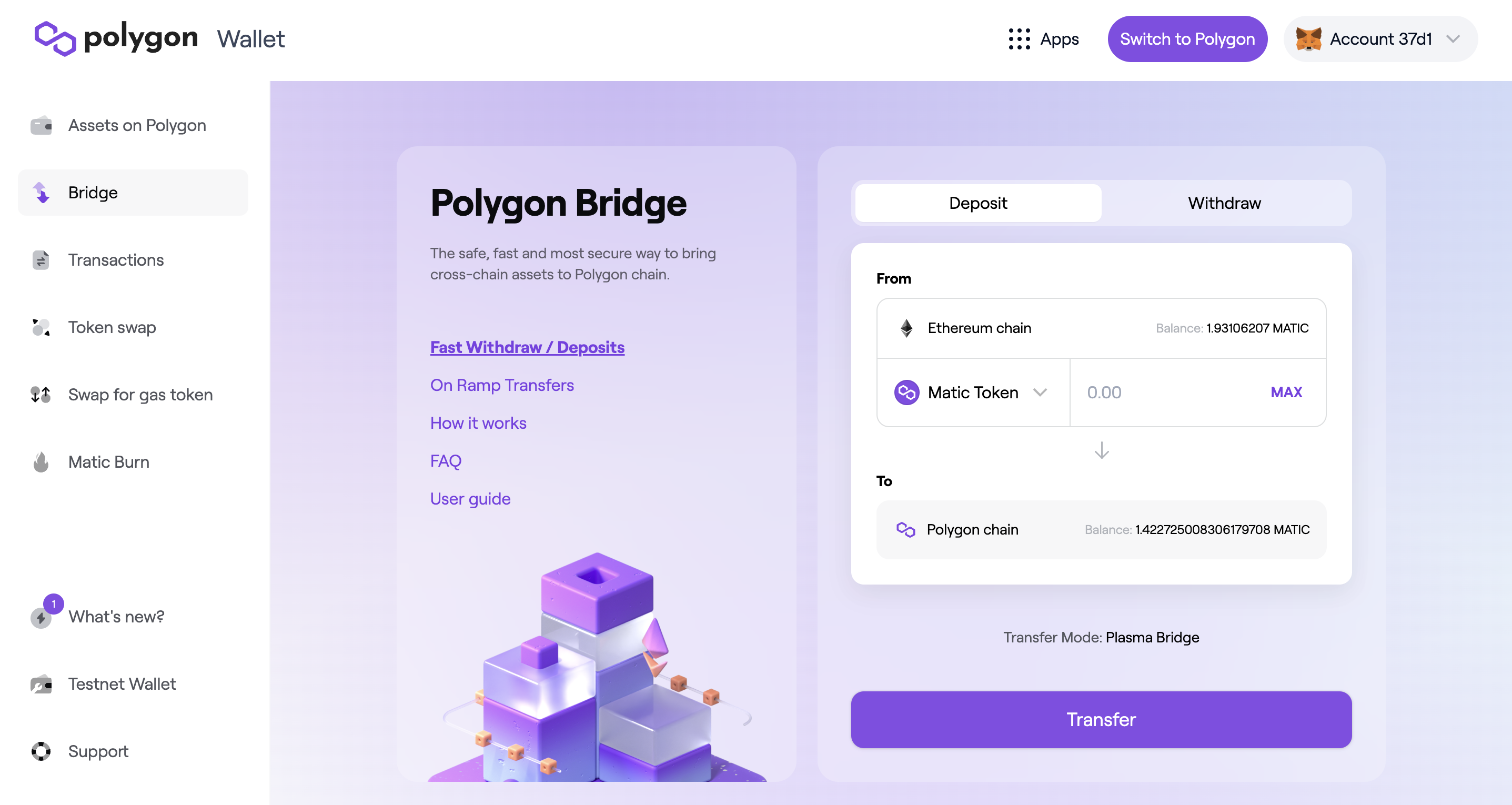 Polygon's bridge, after a wallet is connected