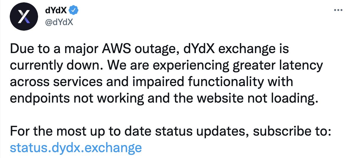 Last year, DYDX couldn't access because AWS shut down.