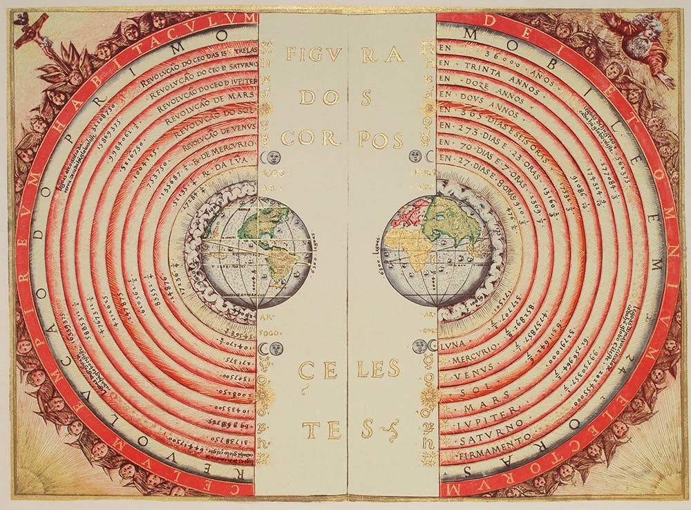 Figure of the heavenly bodies — An illustration of the Ptolemaic geocentric system by Portuguese cosmographer and cartographer Bartolomeu Velho, 1568 (Bibliothèque Nationale, Paris) from Wikipedia