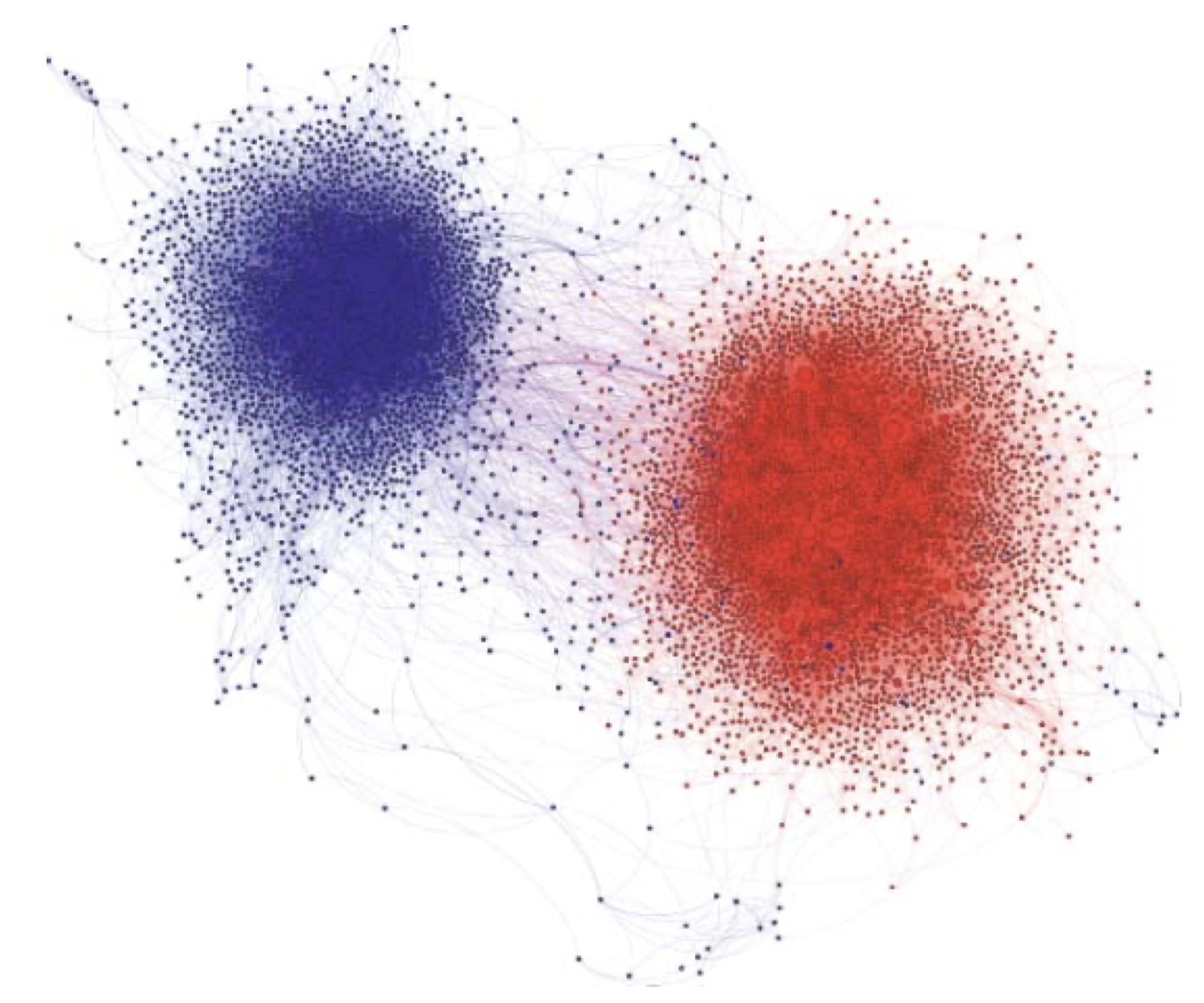 A retweet network on Twitter, among people sharing posts about US politics. Links represent retweets of posts that used hashtags such as #tcot and #p2, associated with conservative (red) and progressive (blue) messages, respectively, around the 2010 US midterm election. When Bob retweets Alice, we draw a direct link from Alice to Bob to indicate that a message has been propagated from her to him. The direction of the links is not shown.