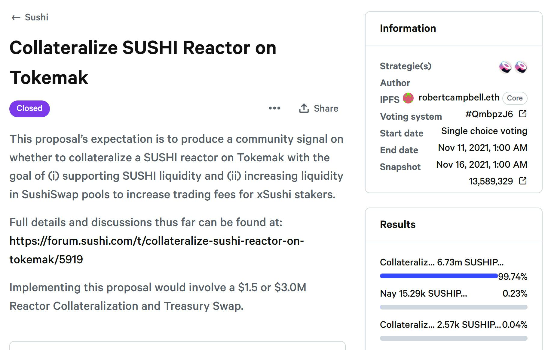 Screenshot of a SushiSwap governance proposal put up for voting.