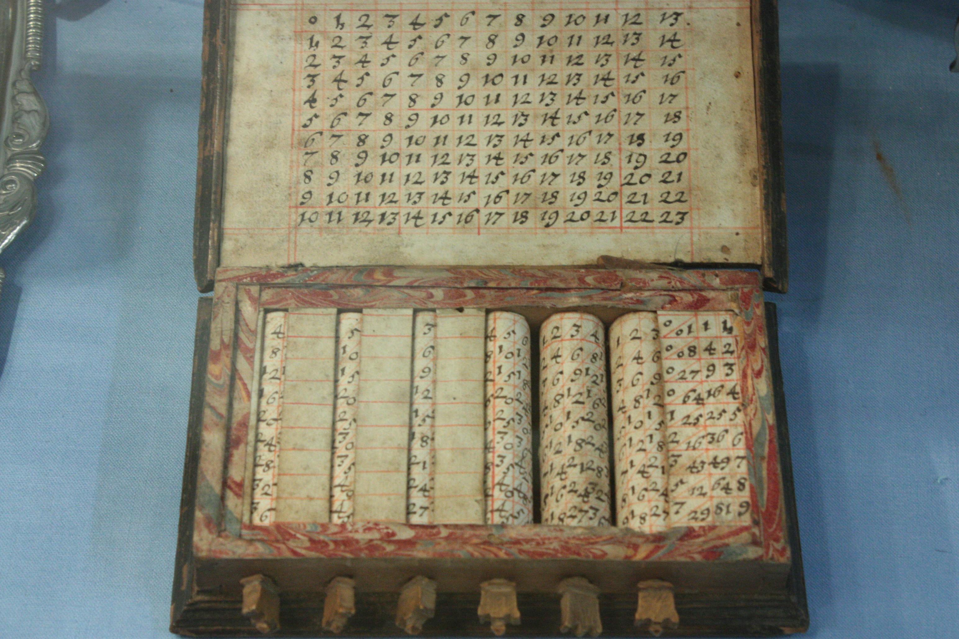 Napier's bones. Using the multiplication tables embedded in the rods, multiplication can be reduced to addition operations and division to subtractions.