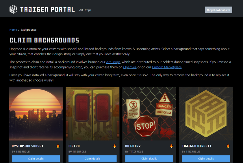 Browse & claim backgrounds within the Tajigen portal