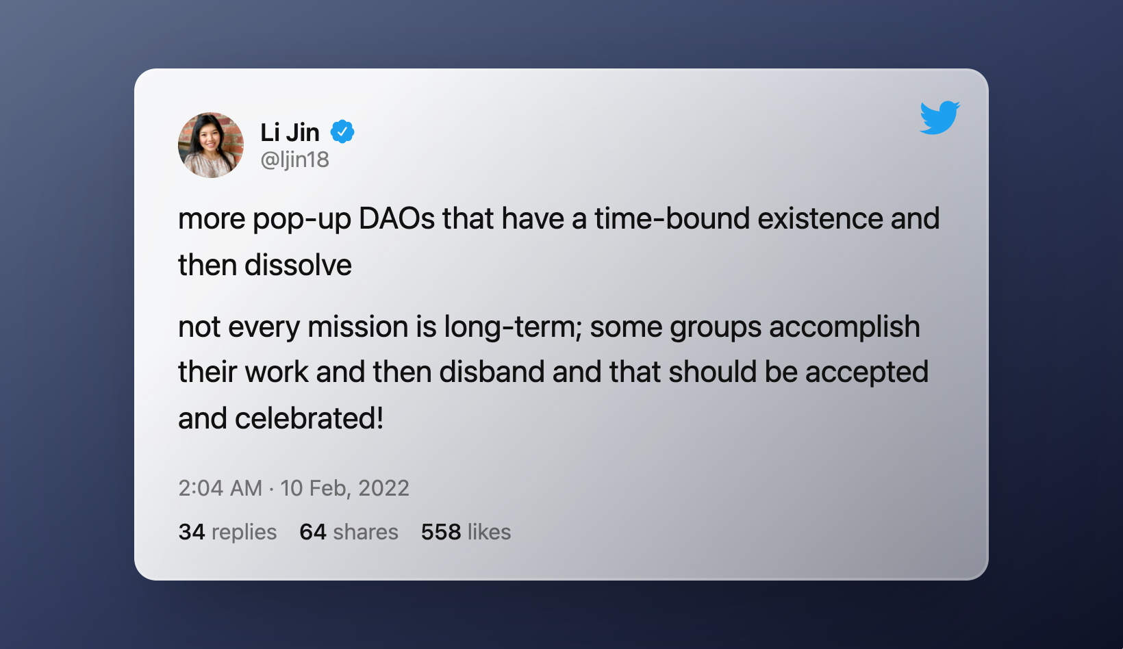 Tweet by Li Jin about dissolving DAOs