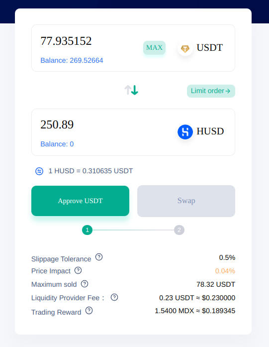 250.89 HUSD (my current debt) now cost 77.93 USDT to swap on MDEX