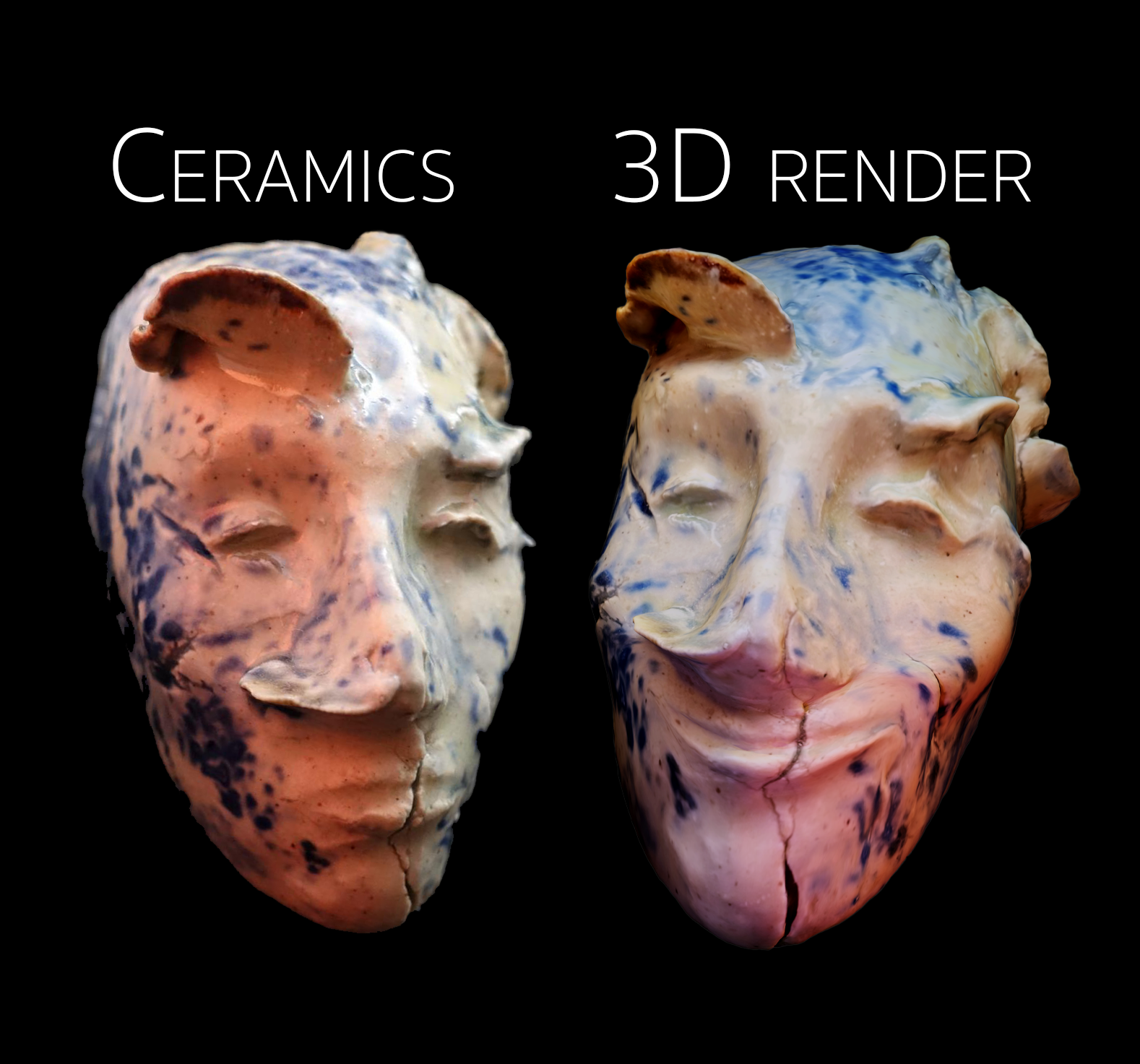 A ceramic photo and a ceramic animated 3d render
