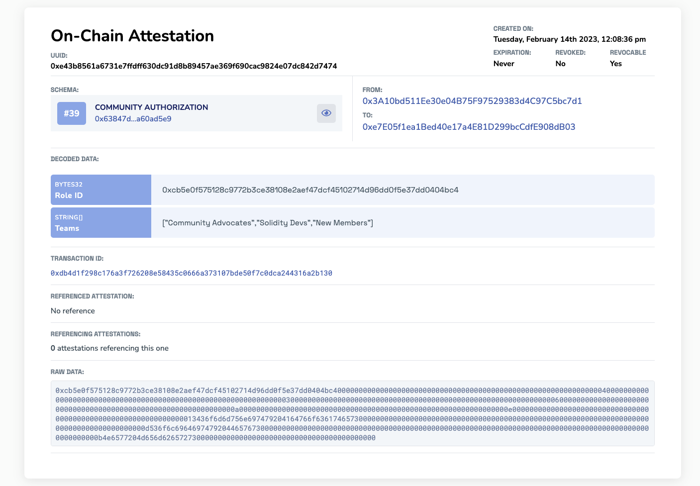 Example on-chain attestation of a DAO granting authorizations for Alice to join the community.