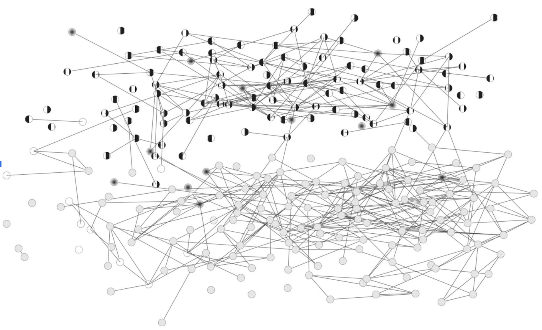 The High School Network Coded by Race. The nodes with bold stripes are self-identified as being "Black," the nodes with gray fill are "white," and the few remaining nodes are either "Hispanic" (center dot fill) or "Other/Unknown" (blank). Source: Human Network by Matthew O. Jackson.