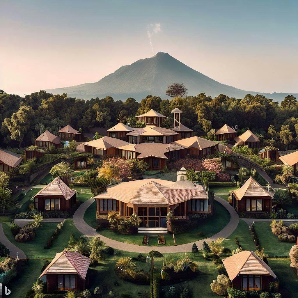 "a constellation of different chalets around a main wooden building. the chalets have spacious gardens and are surrounded by a mediterranean forest. there's a volcano in the background."