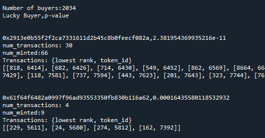 Example output for the two luckiest accounts that minted DogeX NFTs.
