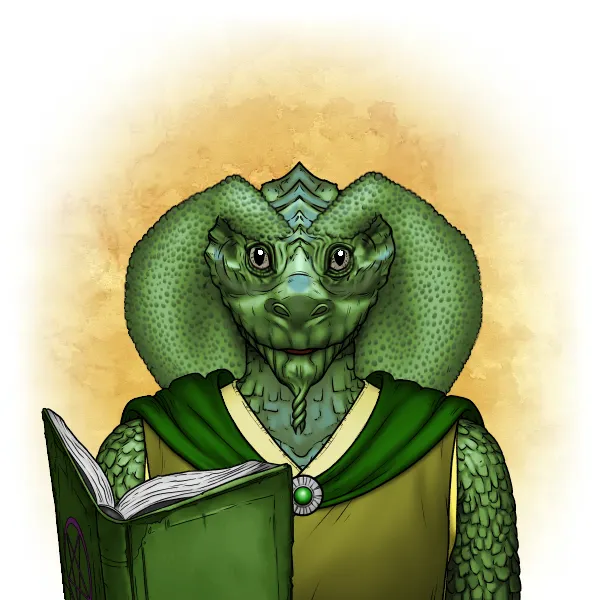 Alt tag: Lucky is a lizard-woman with a book