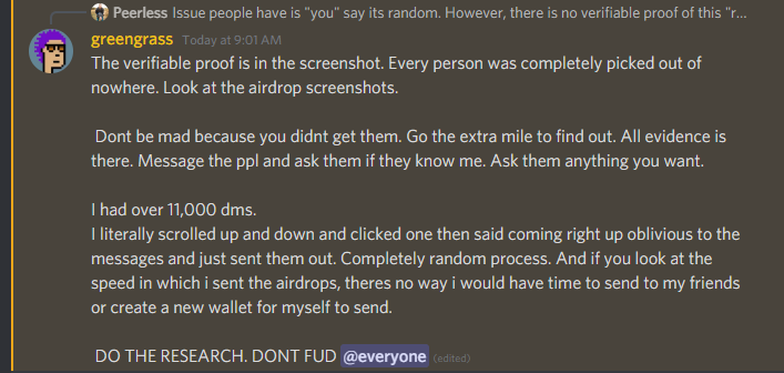 A Discord message from an NFT project leader which describes how they randomly selected accounts to airdrop the most valuable NFTs to, along with instructions for verifying that the airdrop was fair.