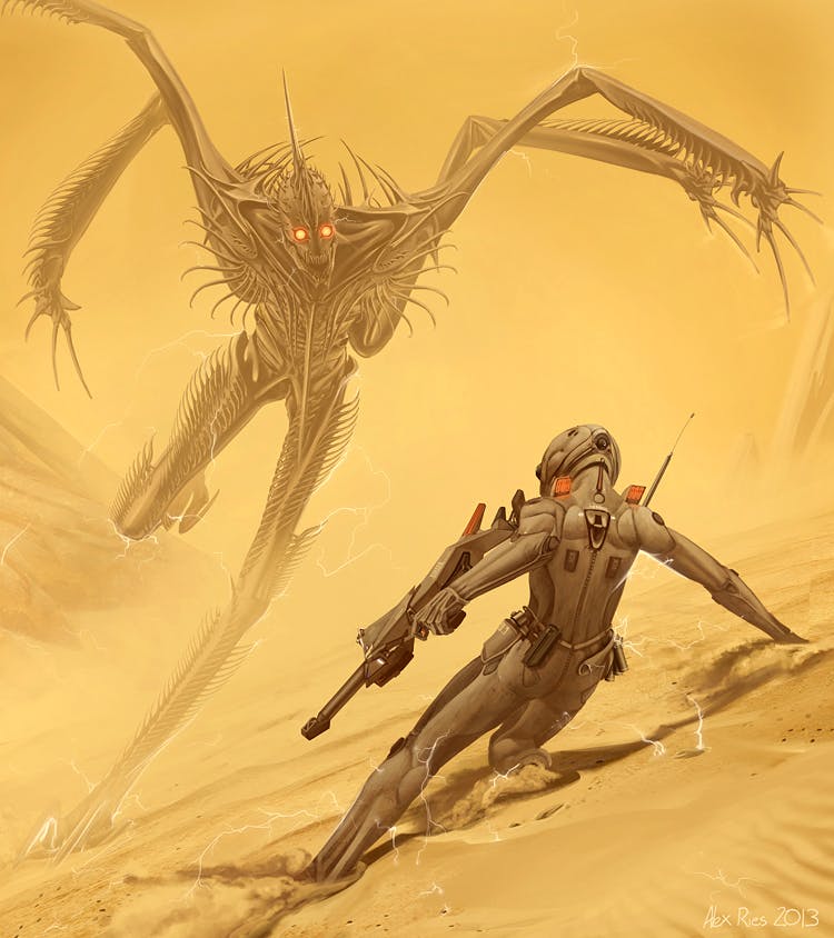 an encounter with the time/space hopping Shrike from Hyperion. source: https://www.deviantart.com/abiogenisis/art/The-Lord-and-the-Colonel-422794976