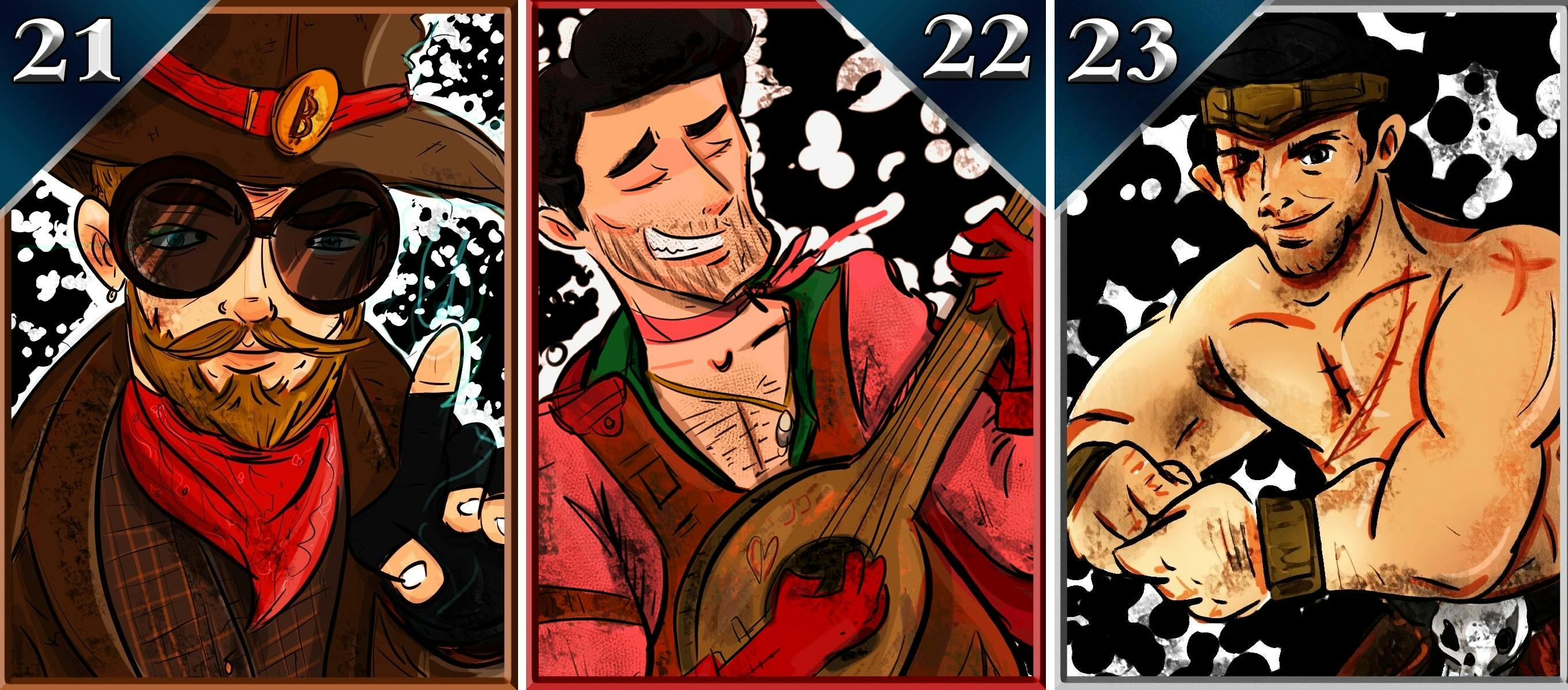 The three Curio Cards founders in their cartoon forms: Mad Bitcoins, Travis Uhrig, and Rhett Creighton. Art by Robek World.