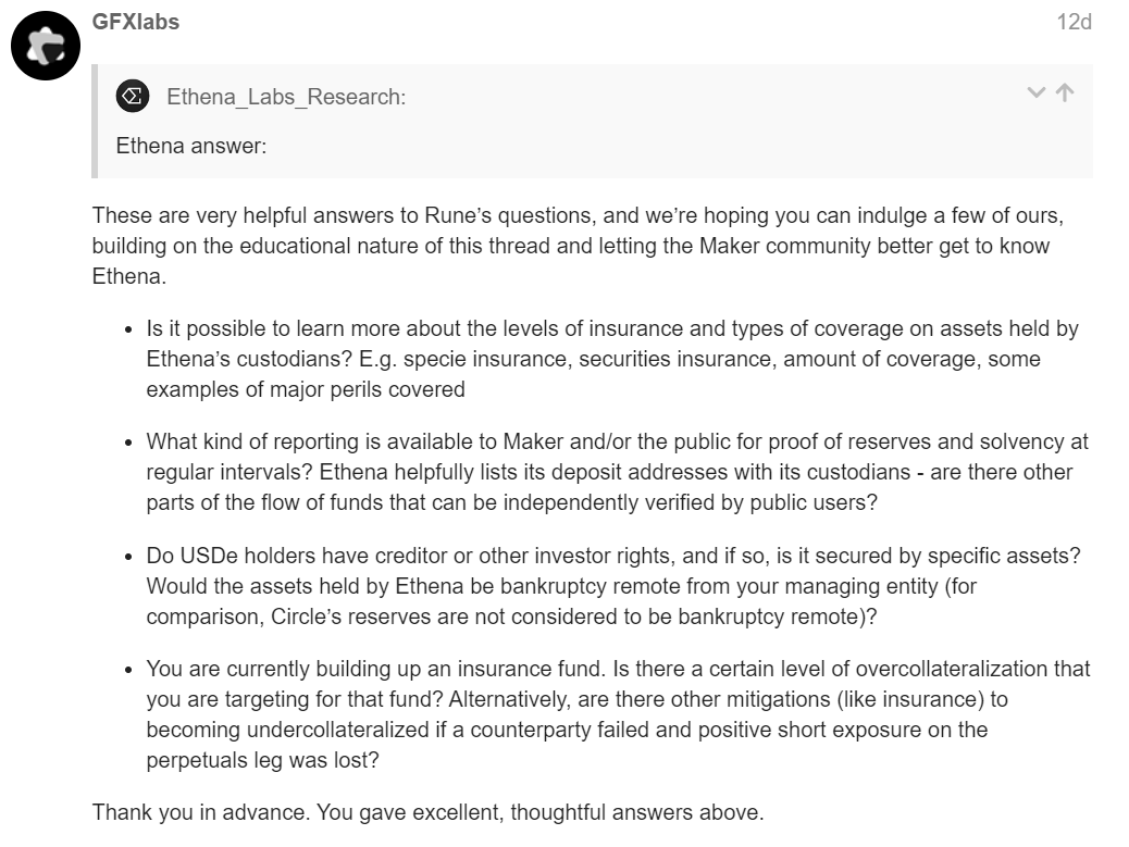 GFXlabs questions in the Risks of perpetual yield strategy discussion thread on the MakerDAO forum