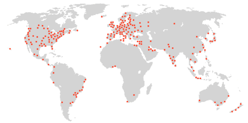 游戏开发商全球分布图 来源：Gamedevmap
