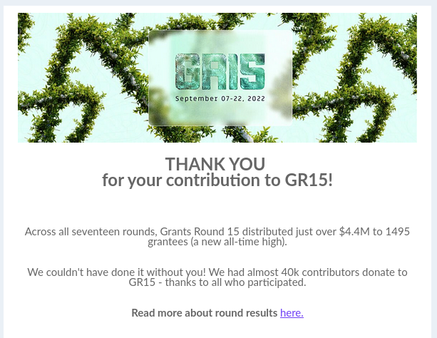 Screenshot of a thankful e-mail from Gitcoin at the end of this funding round.