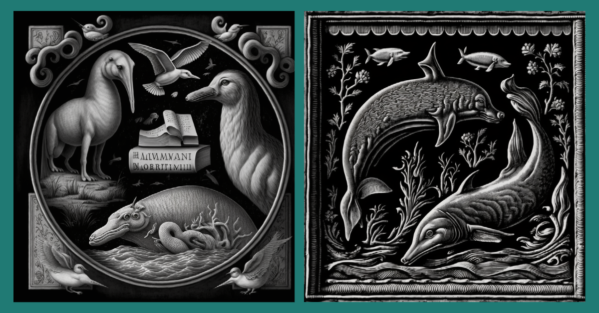 Fantastical creatures in the style of lithographic prints. Midjournei Ai.
