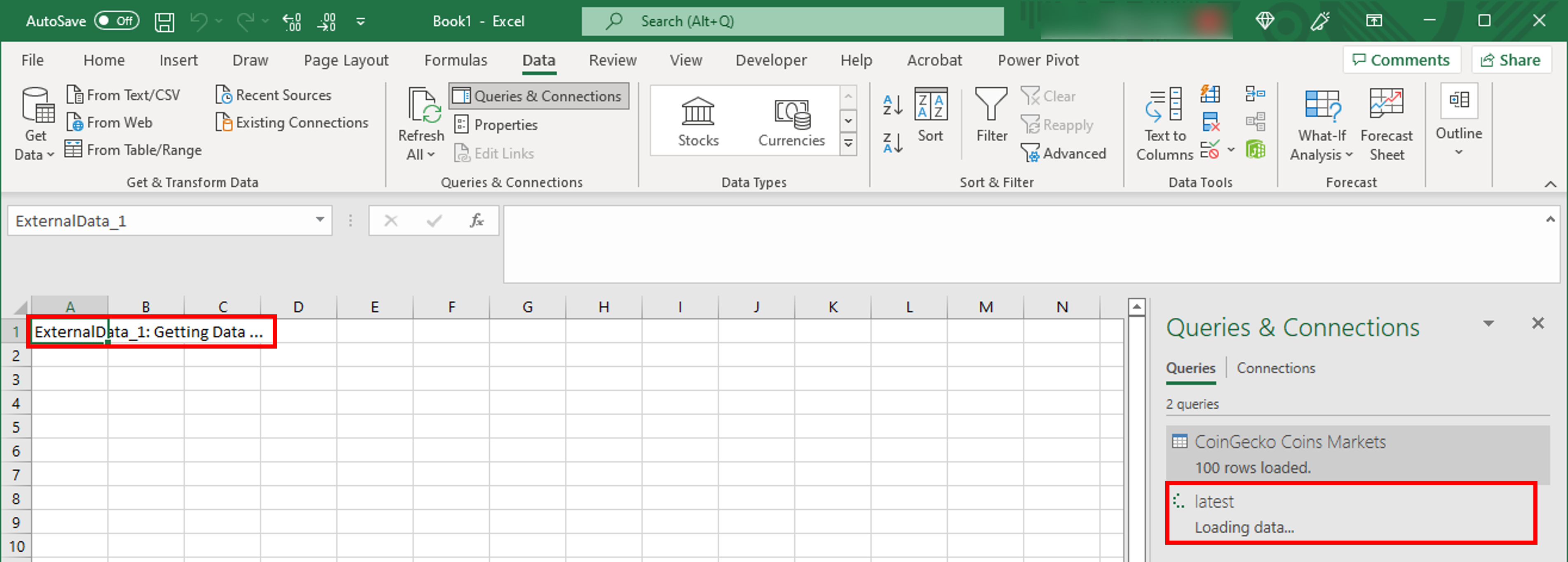 Excel running the query and fetching the requested data