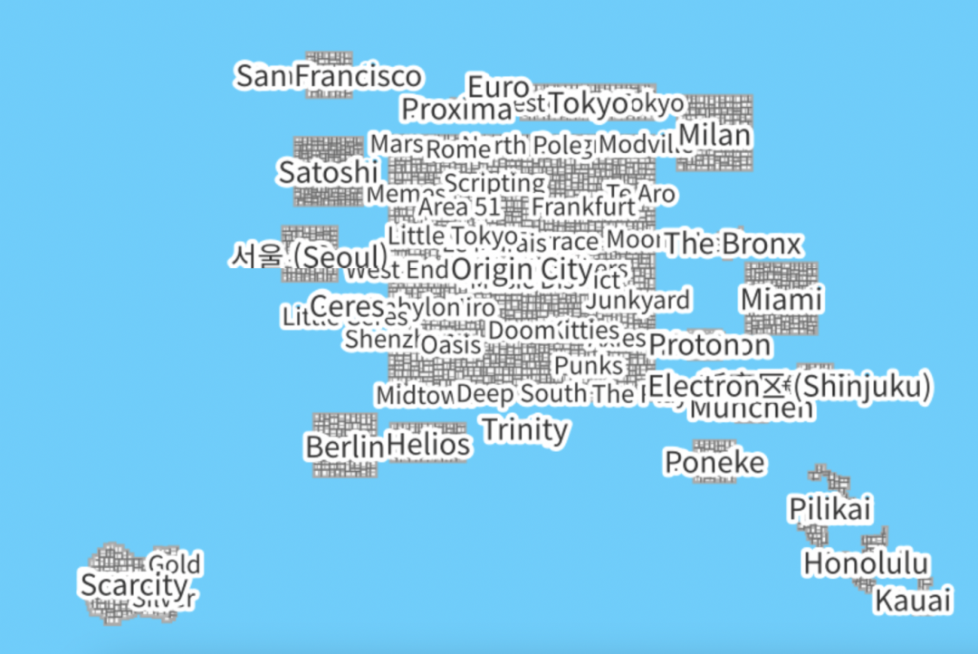 当前的Cryptovoxels地图，显示了平台上目前可用的所有地块。然而，Cryptovoxels经常创建全新的岛屿和可供购买的地块。