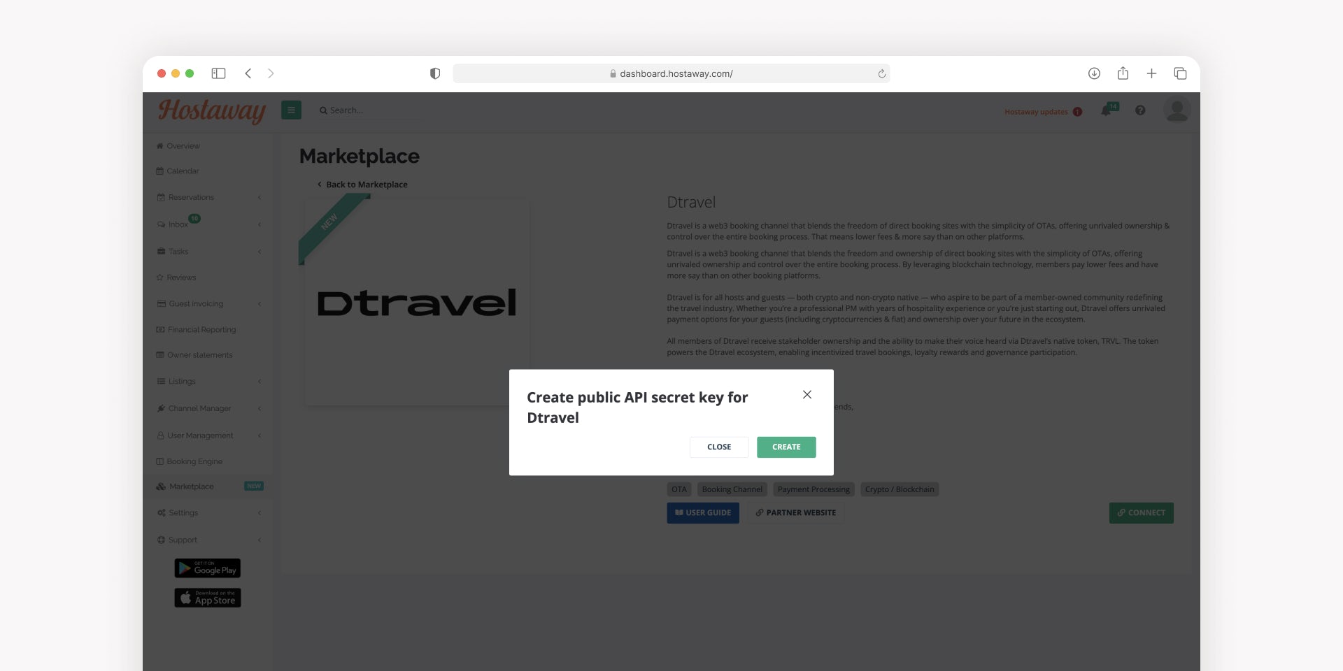 Create public API secret key for Dtravel
