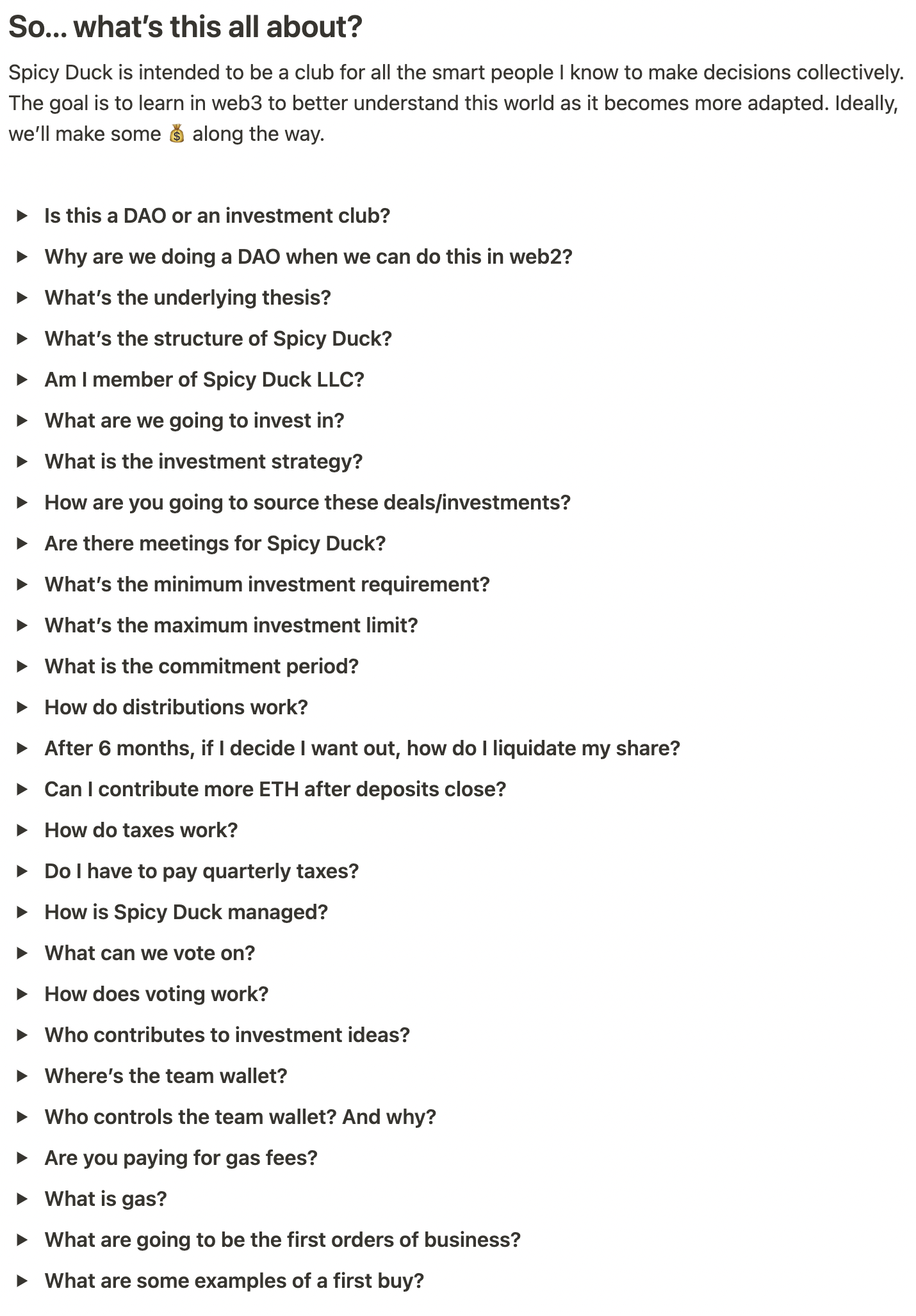 A screenshot of the laundry list of FAQs I put together in anticipation of getting people on board.