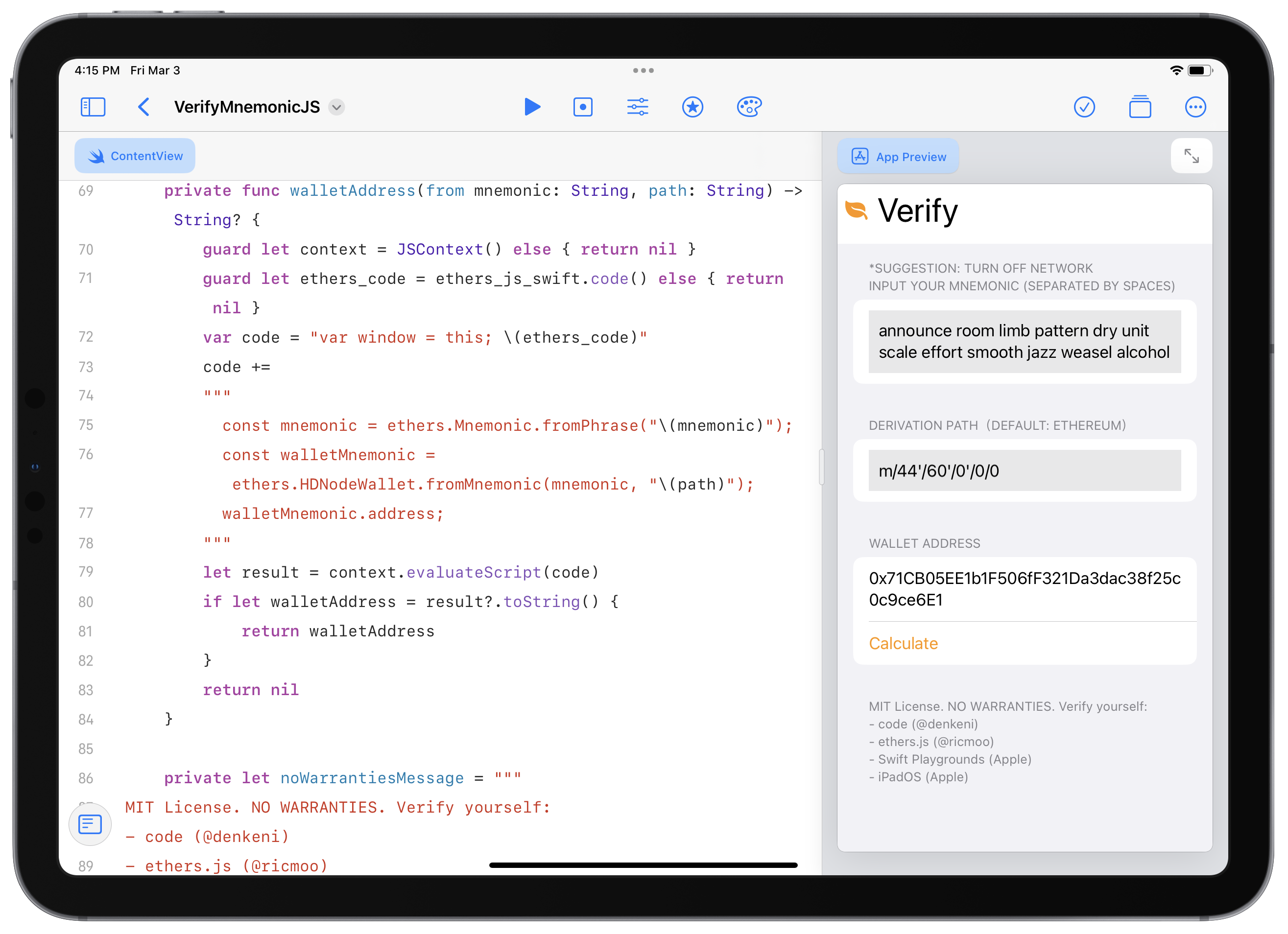 VerifyMnemonicJS running in Swift Playgrounds on the iPad