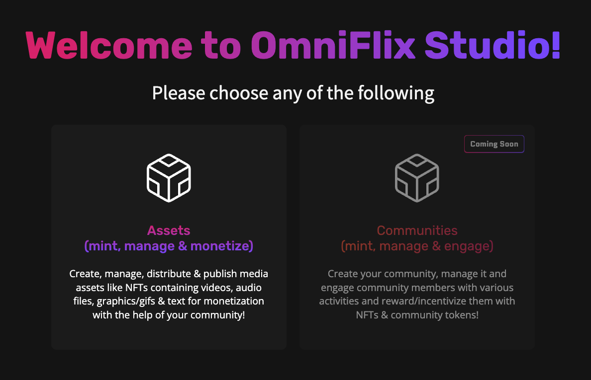 Landing page after you connect your Keplr/Leap wallet on OmniFlix Studio