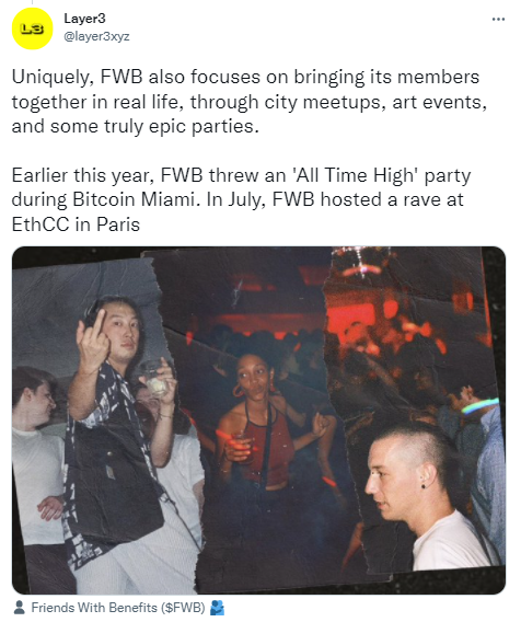 Layer3 tweeted about FWB parties.