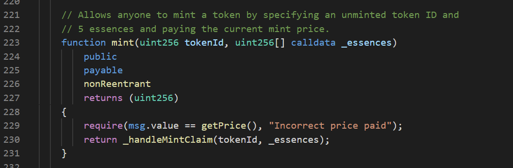 The Solidity code for the Origin Collection's mint function.