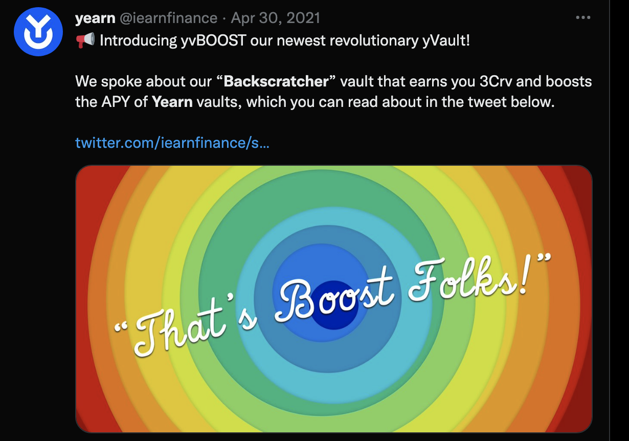Yearn launching the yvBOOST vault shortly after Backscratcher's release