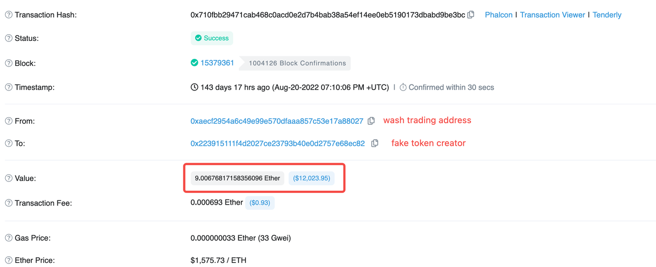Wash trading users transfer the remaining funds directly to the fake token creator