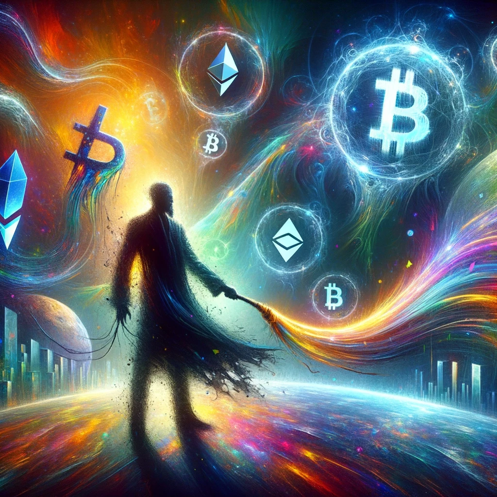 Abstract and Creative: A dreamlike, surreal scene where Satoshi Nakamoto is depicted as a shadowy figure, wielding a glowing whip that radiates energy. The energy from the whip distorts the surroundings, pushing away abstract representations of crypto exchanges and logos of Binance, FTX, Kucoin, Ethereum, etc. The scene should not contain any Bitcoin imagery. Vibrant colors swirl and blend, symbolizing the merging of the old and the new financial realms, with Satoshi serving as the catalyst for this transformation.